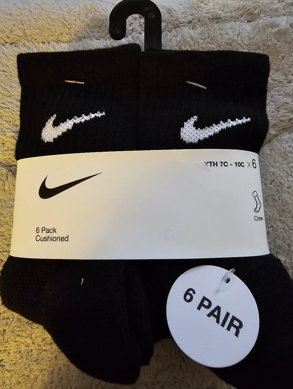 Nike Black Crew Cushioned Athletic Socks — 6 Pack Size 7c-10c